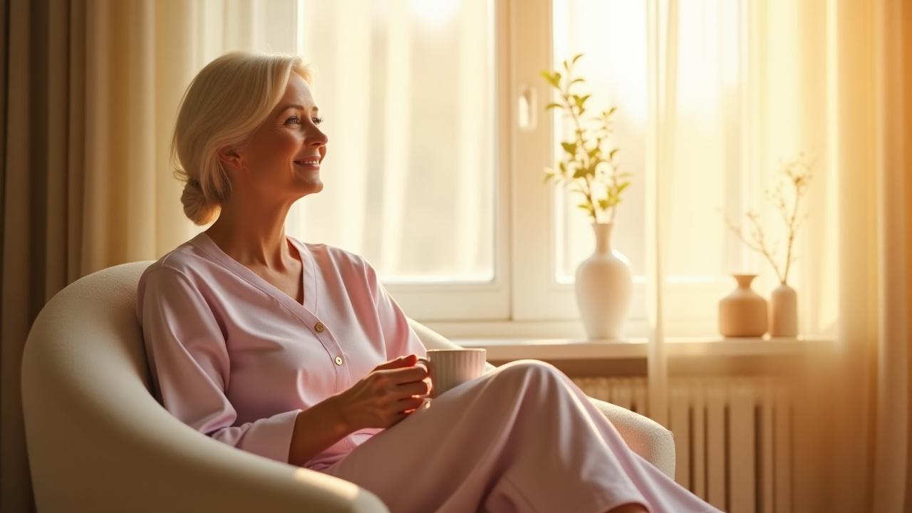 Жінка у сонячній кімнаті відчуває спокій та полегшення