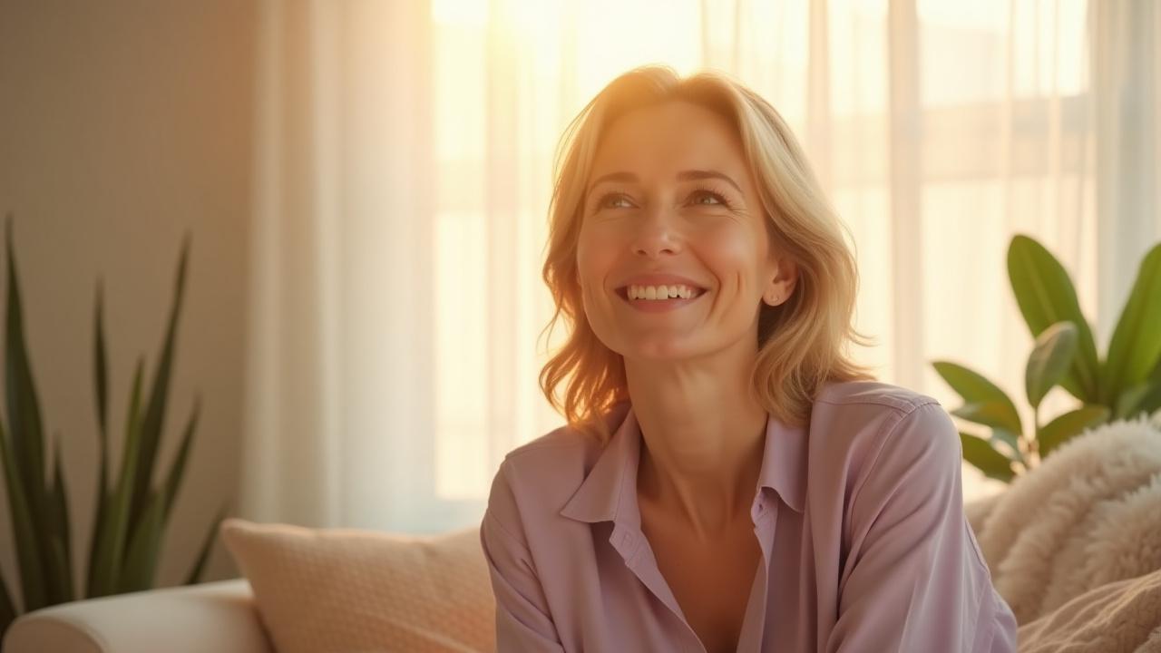 Щаслива жінка у світлому інтер'єрі, що символізує спокій та гармонію